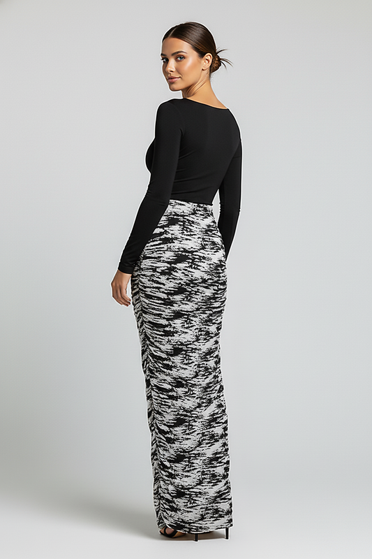 Stacked ruched patchwork print bodycon midi dress, front view on model.