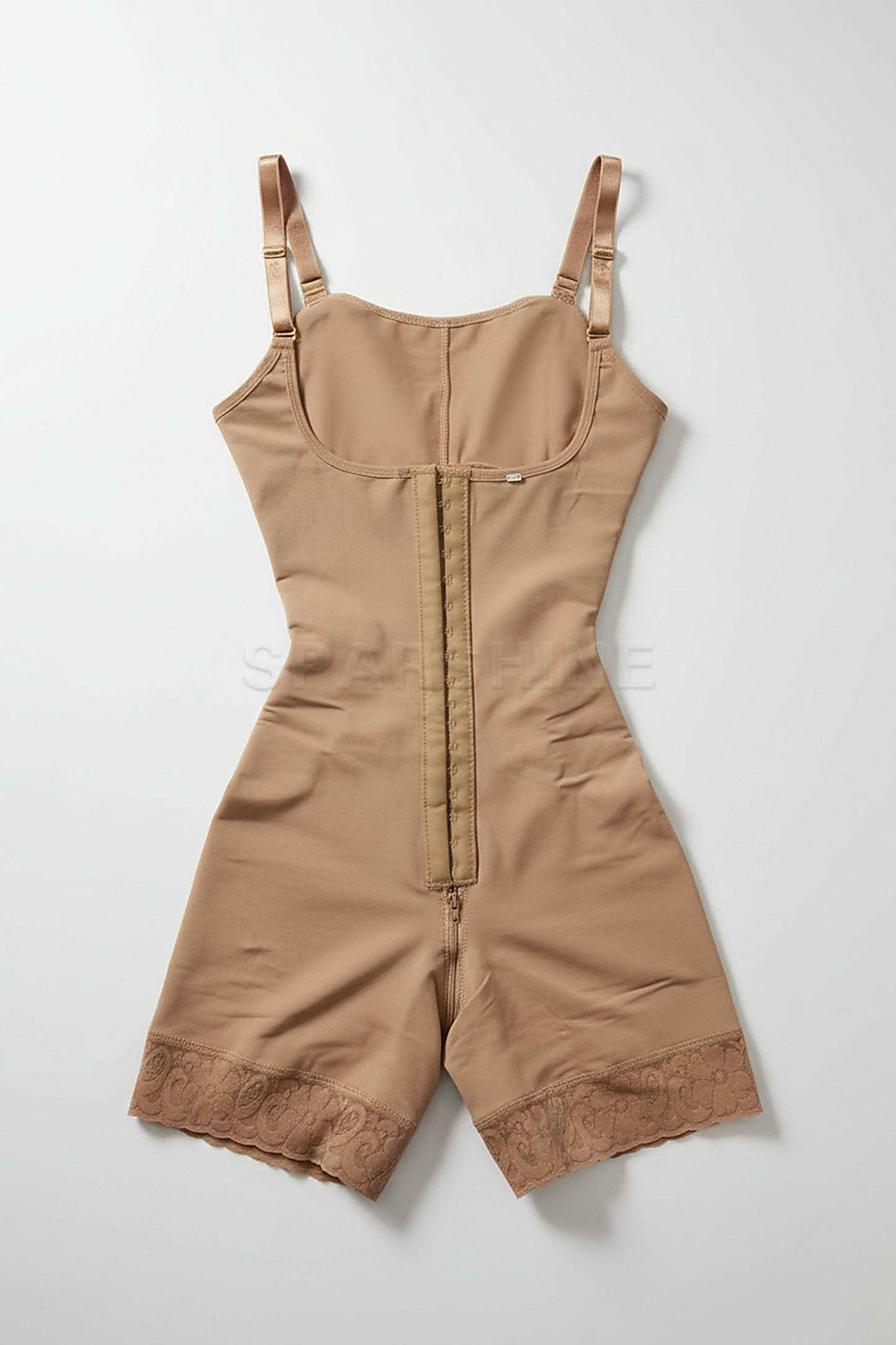 Beige tummy control fajas shapewear, alternate angle view on model.