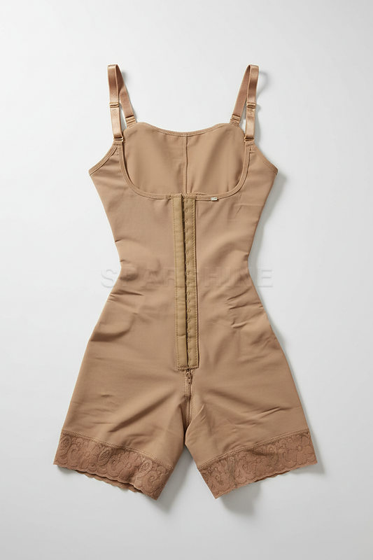 Beige tummy control fajas shapewear, alternate angle view on model.