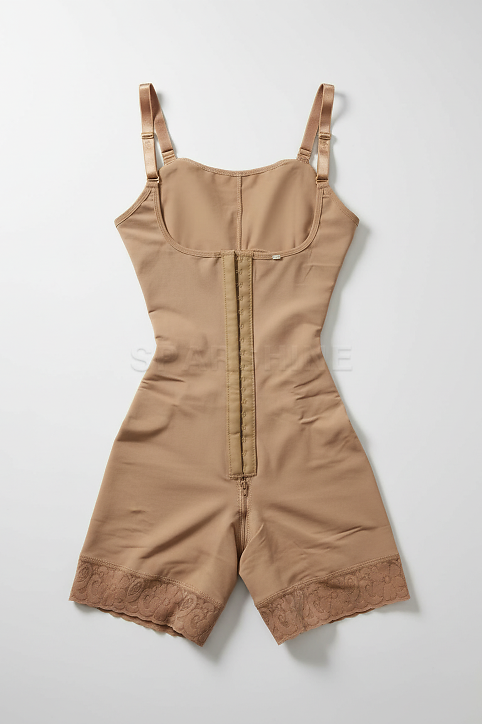 Beige tummy control fajas shapewear, alternate angle view on model.