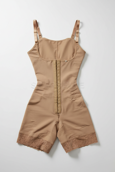 Beige tummy control fajas shapewear, alternate angle view on model.