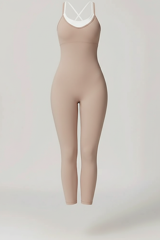 Color-blocked jumpsuit gym set, alternate angle view on model.