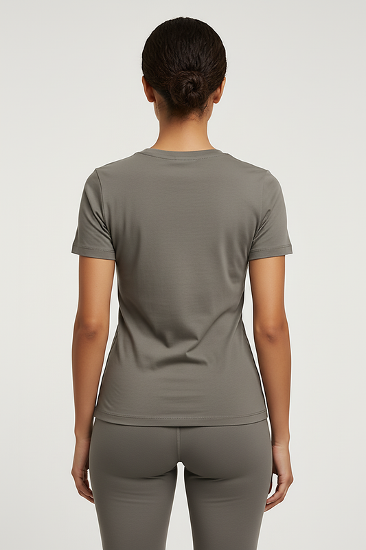 Olive green heavy cotton t-shirt, back view on model.