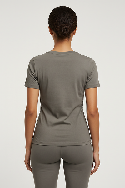 Olive green heavy cotton t-shirt, back view on model.