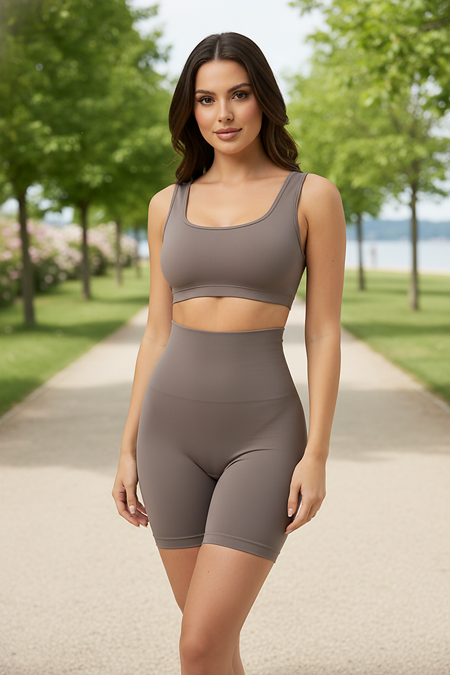 Black high-waist shaper, worn in outdoor lifestyle setting.