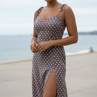 Polka dot sundress, fabric detail close-up.
