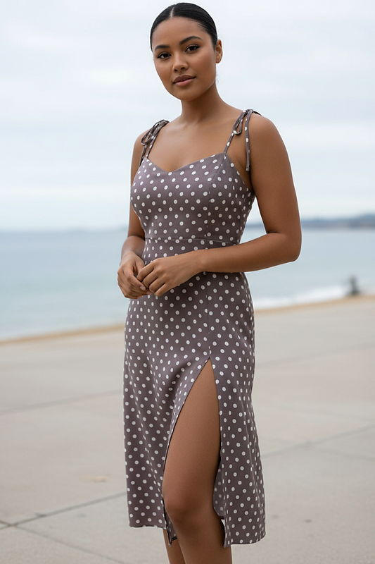 Polka dot sundress, fabric detail close-up.