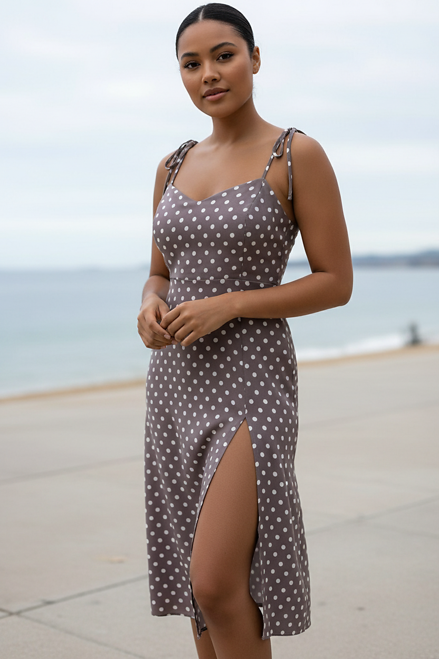 Polka dot sundress, fabric detail close-up.