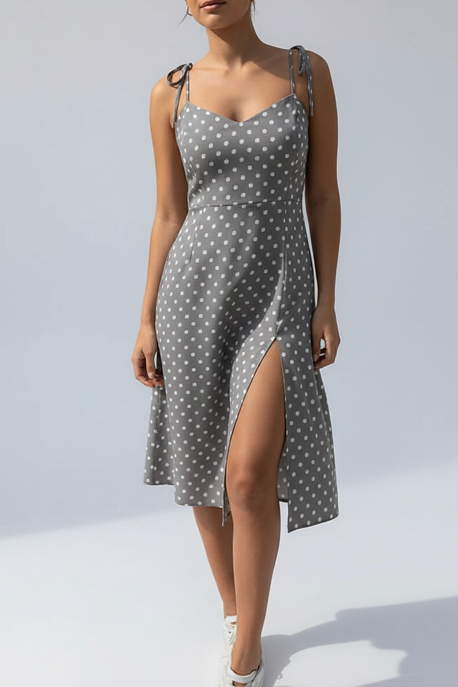 Polka dot sundress, close-up of neckline.
