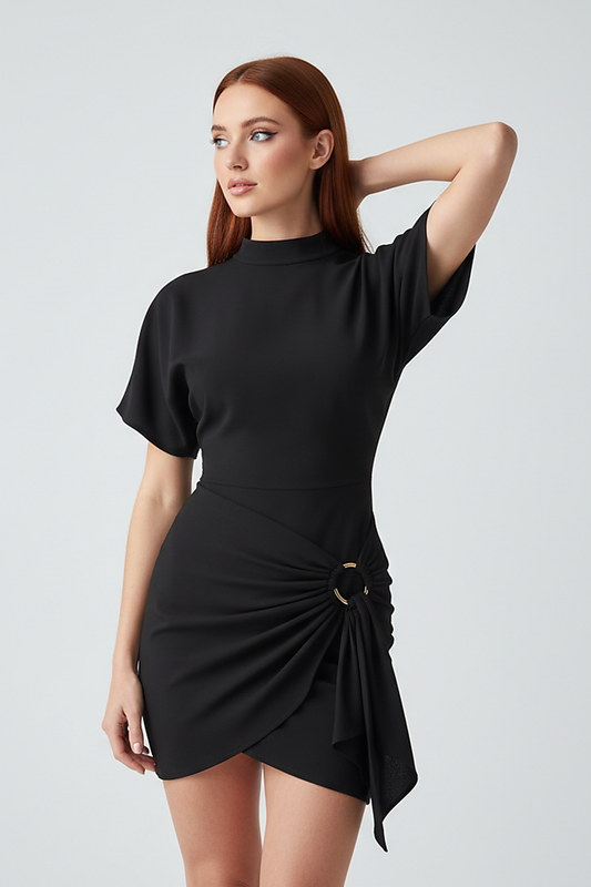 Solid O-neck bodycon mini dress with lace-up and metal buttons, on model.
