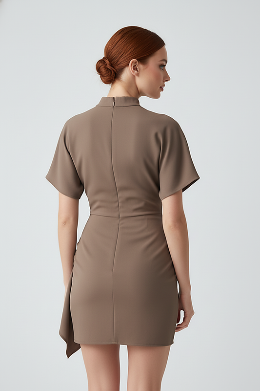 Solid O-neck bodycon mini dress with lace-up and metal buttons, streetwear outfit.