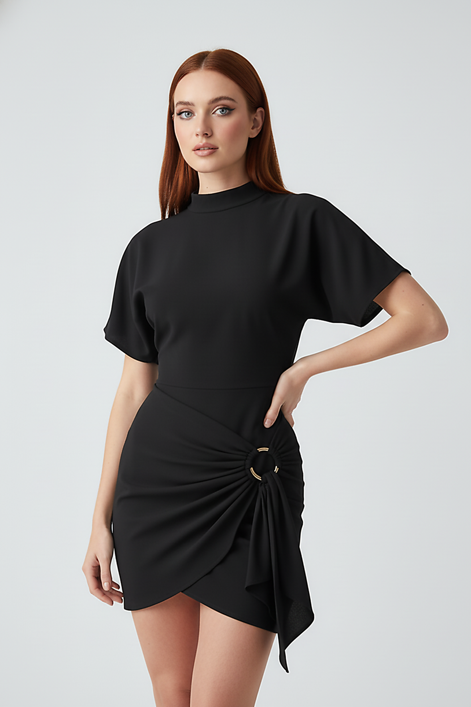 Solid O-neck bodycon short dress with lace-up and metal buttons, on model.