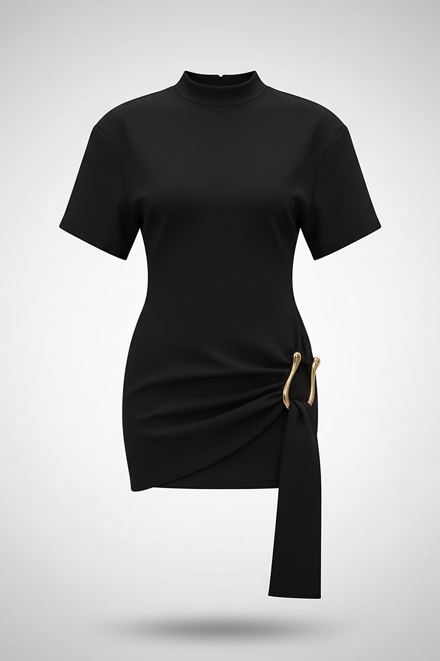 Solid O-neck bodycon mini dress with metal buttons, elegant outfit on model.