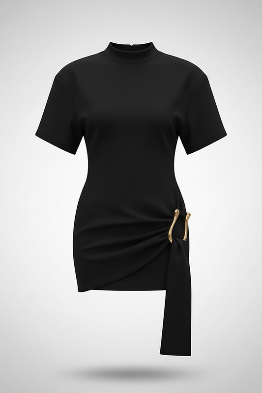 Solid O-neck bodycon mini dress with metal buttons, elegant outfit on model.