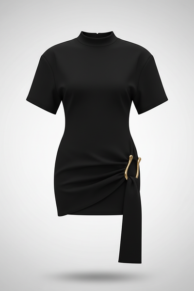 Solid O-neck bodycon mini dress with metal buttons, elegant outfit on model.