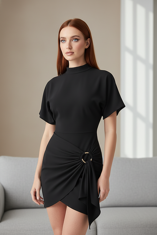 Solid O-neck mini dress with lace-up and metal buttons, streetwear look on model.