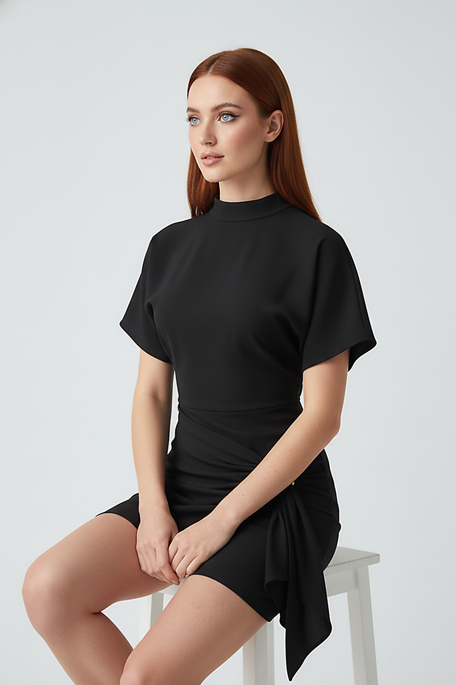 Solid O-neck short sleeve bodycon mini dress with metal buttons, elegant style.