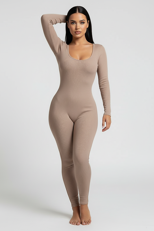 Black long-sleeve bodycon jumpsuit, waist and seam detail.