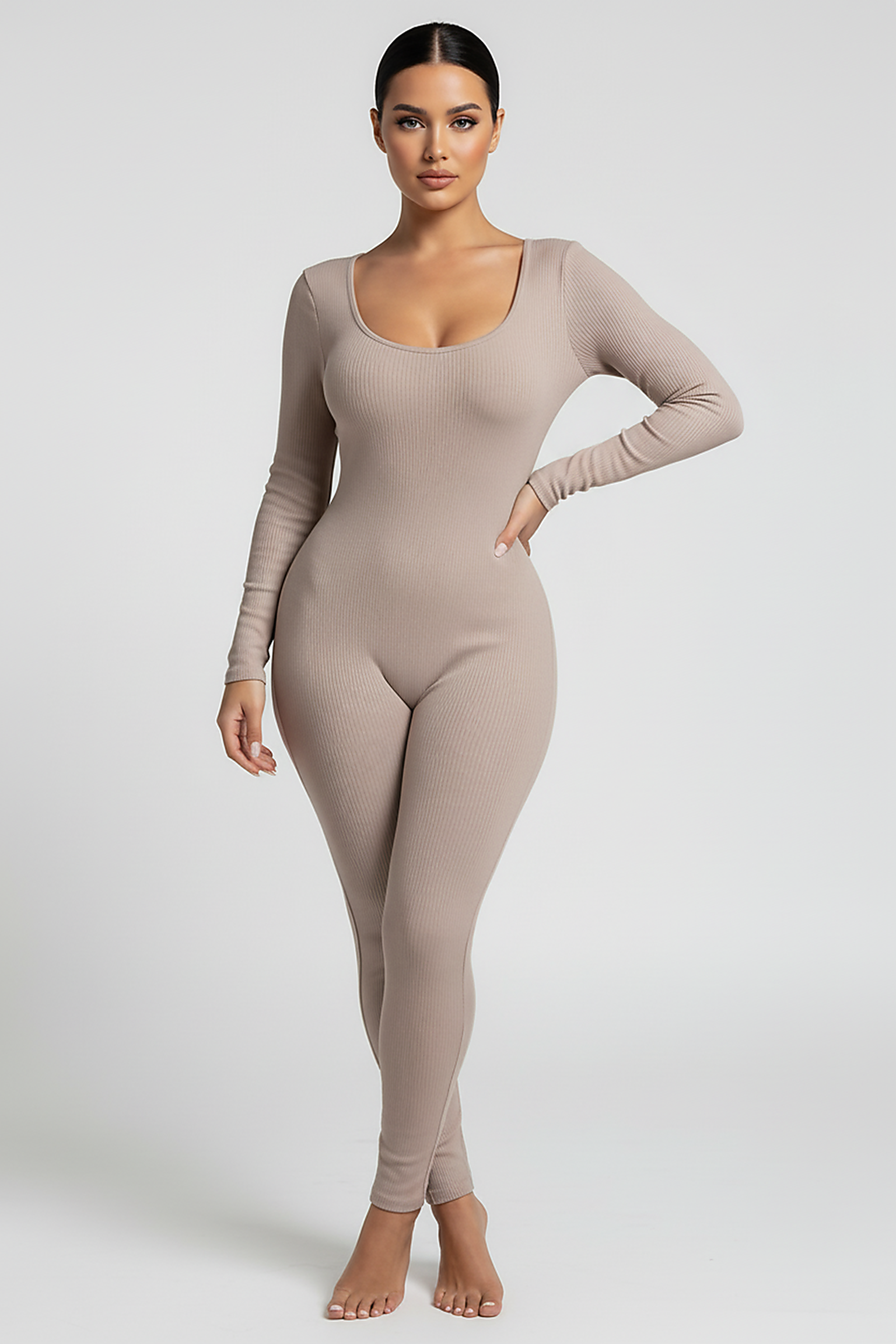 Black long-sleeve bodycon jumpsuit, back view, standing model.