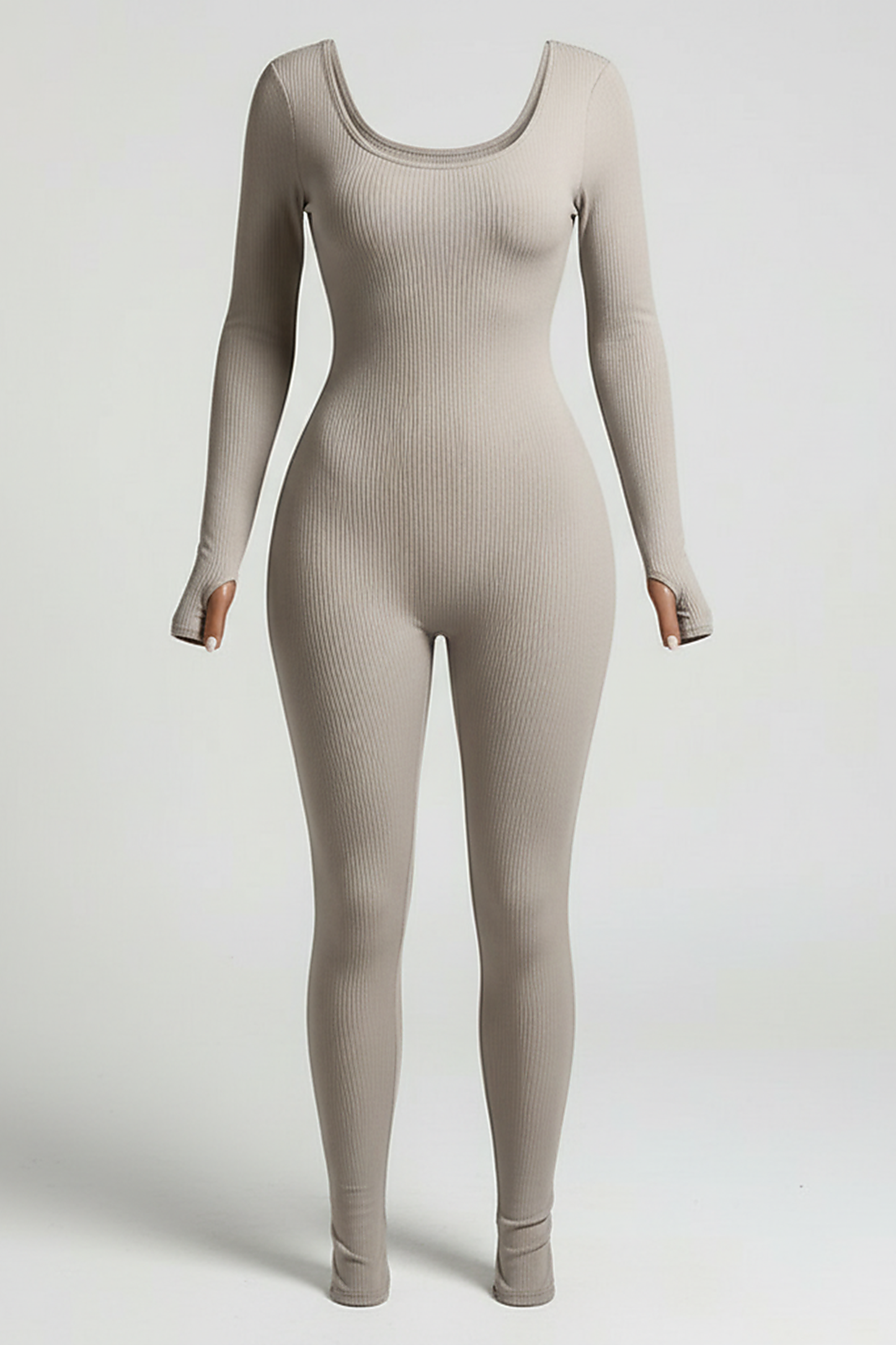 Black long-sleeve bodycon jumpsuit, neckline and collar detail.