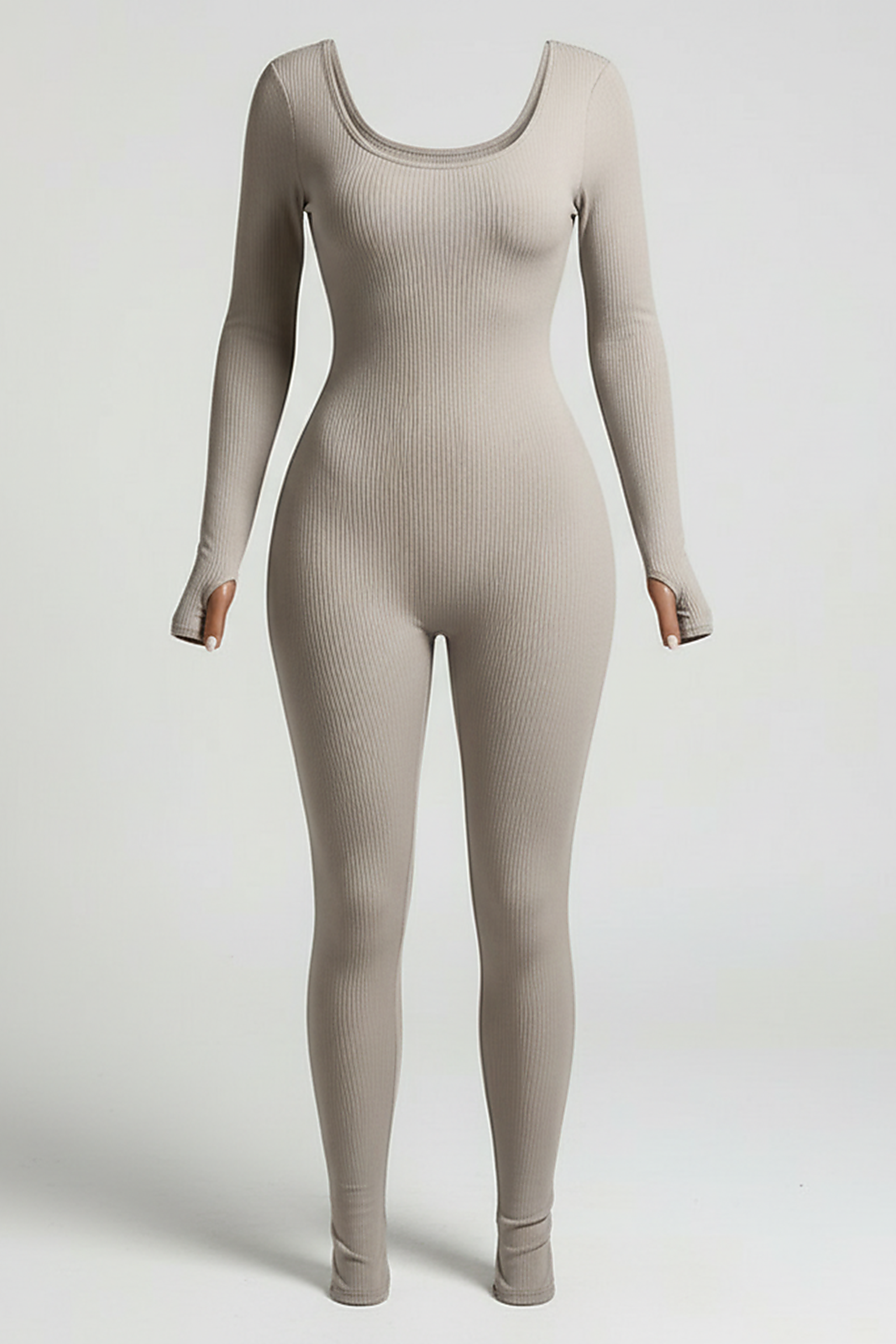 Black long-sleeve bodycon jumpsuit, neckline and collar detail.