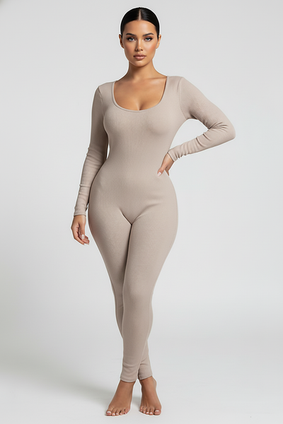 Black long-sleeve bodycon jumpsuit, front view, standing model.