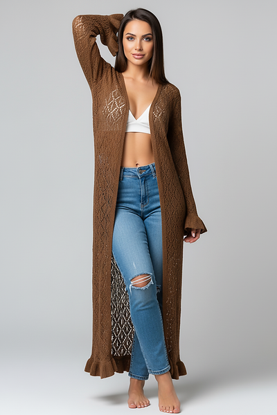 woman wearing black ribbed knit wrap top and matching A-line skirt, front view, standing, hands relaxed