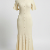 White knit long dress, short sleeve. Front view on model.