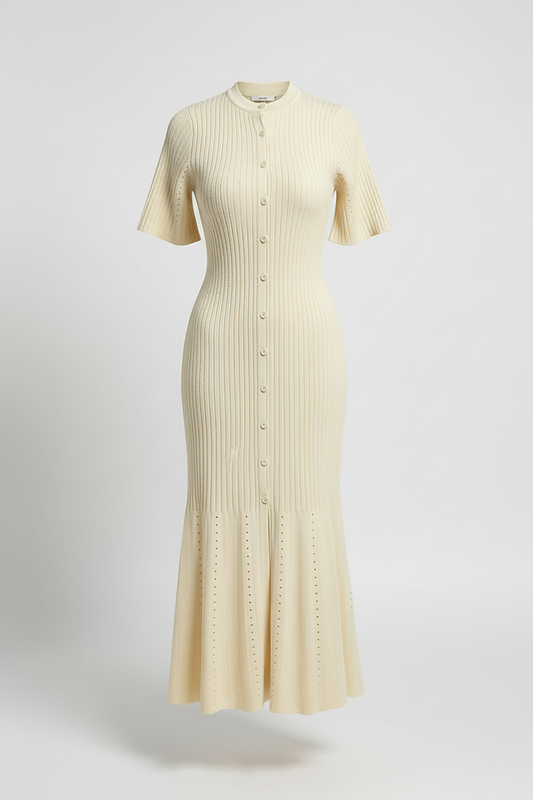 White knit long dress, short sleeve. Front view on model.