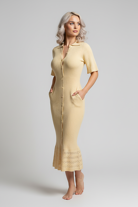 White slim-fit O-neck knit dress, short sleeve. Front view on model.