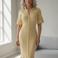 White knit slim long dress. Front view on model.