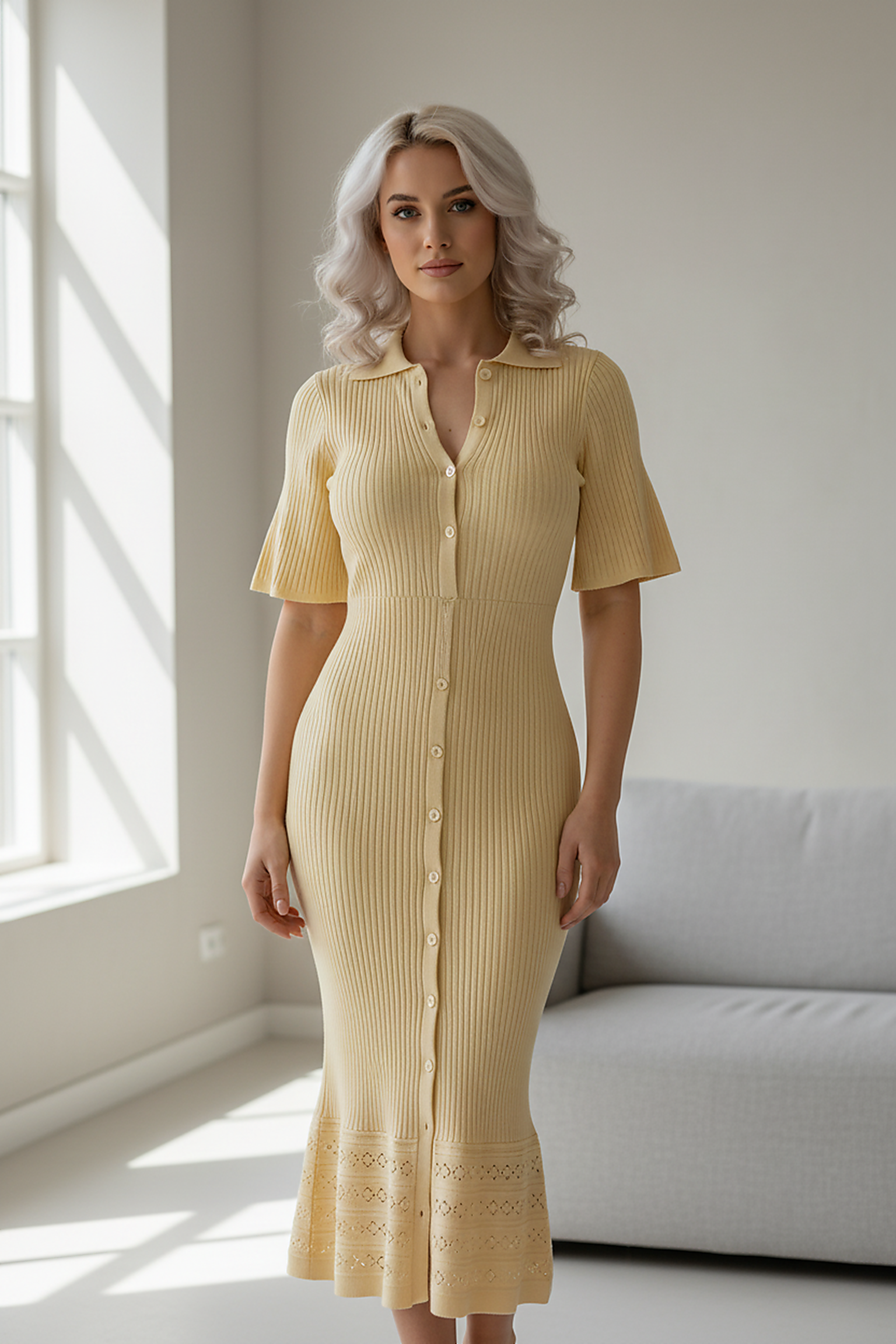 White knit slim long dress. Front view on model.