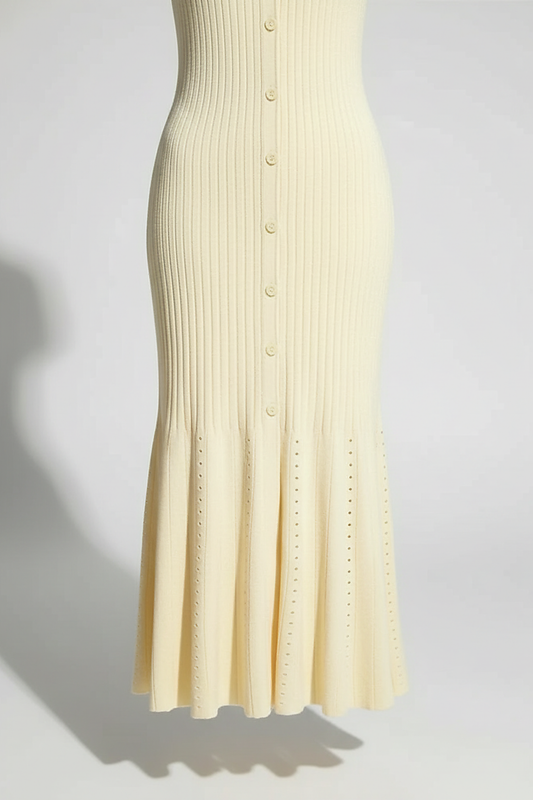 White knit long dress with short sleeves. Lifestyle shot.