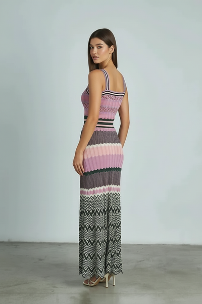 Black sleeveless knitted dress, alternate front view.