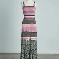 Black sleeveless knitted dress, close-up on model.