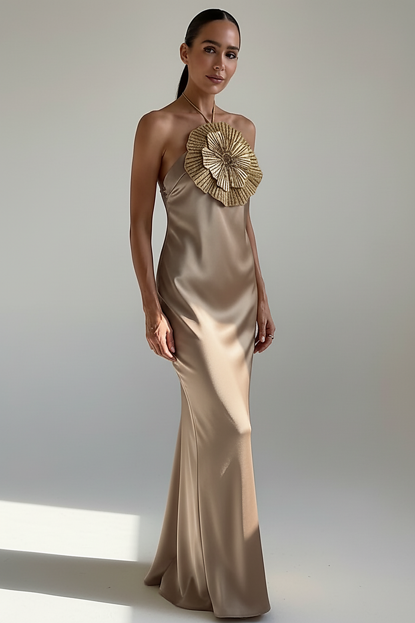 Elegant 3D Flower Halter Backless Mermaid Satin Gown