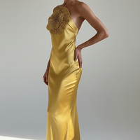 Halter mermaid satin dress with 3D flowers, front view on model.