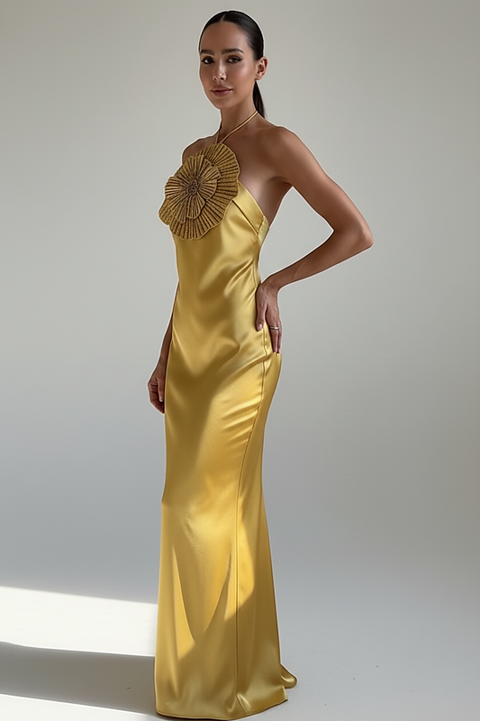 Halter mermaid satin dress with 3D flowers, front view on model.