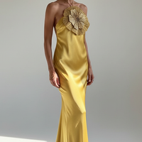 Halter mermaid satin dress with 3D flowers, front view on model.