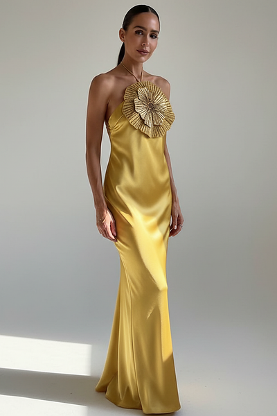 Halter mermaid satin dress with 3D flowers, front view on model.