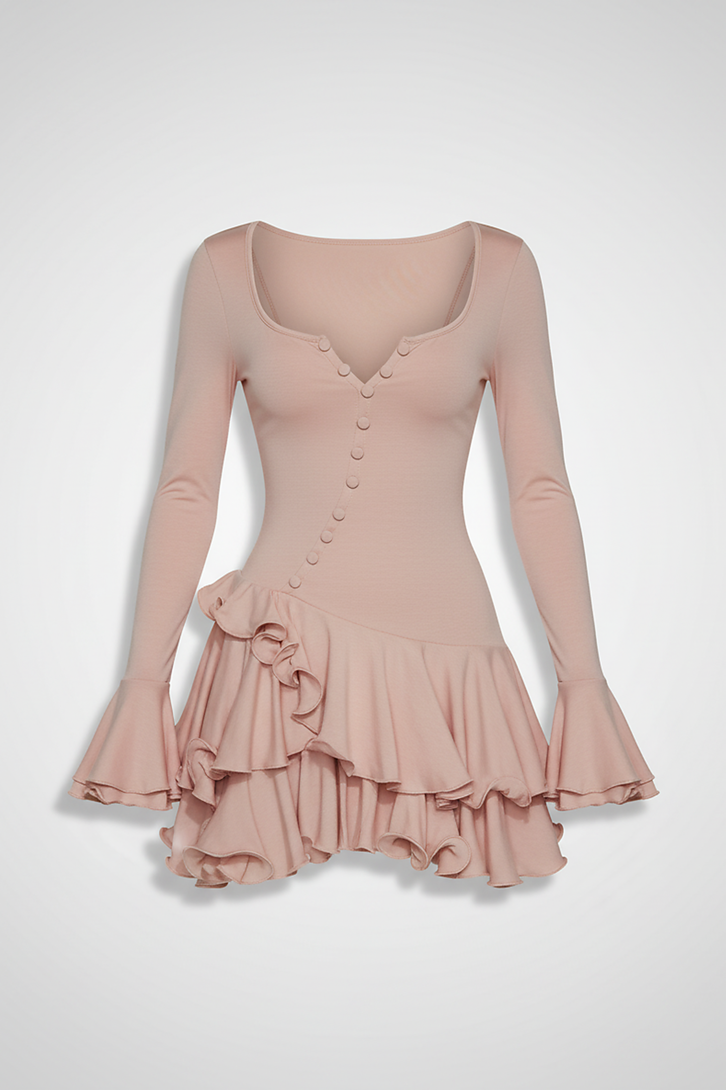 Front view of a model wearing a light pink long-sleeve mini dress with a ruffled hem and flare sleeves.; Front view of a model wearing a chocolate brown long-sleeve mini dress with an asymmetrical