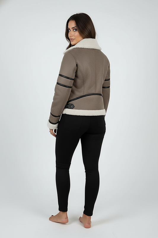 Cream synthetic sheepskin bomber jacket, model in a lifestyle pose.