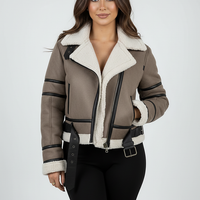 Cream synthetic sheepskin bomber jacket, model from a different angle.