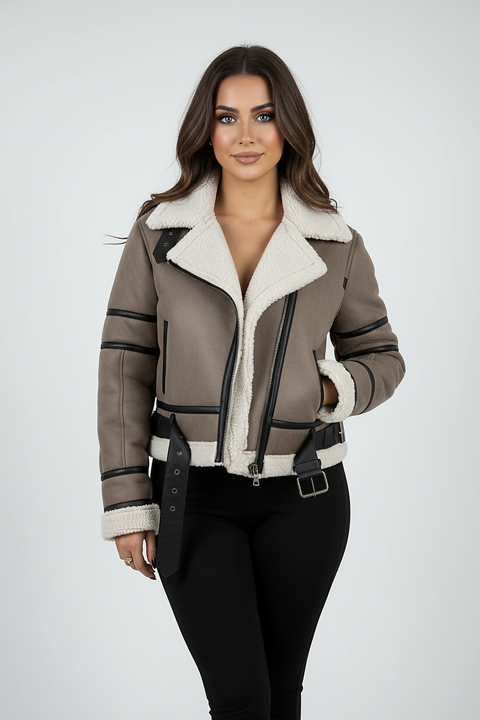 Cream synthetic sheepskin bomber jacket, model from a different angle.