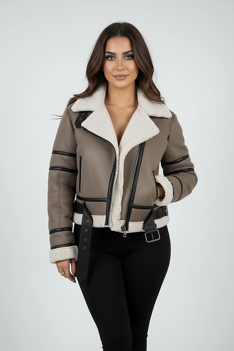 Cream synthetic sheepskin bomber jacket, model from a different angle.