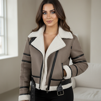 Cream synthetic sheepskin bomber jacket, collar and lapel detail.