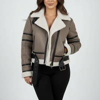 Cream synthetic sheepskin bomber jacket, front view on model.