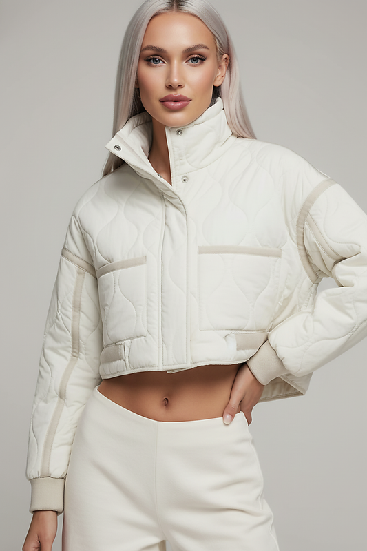 Stand-collar winter jacket, model in three-quarter pose.