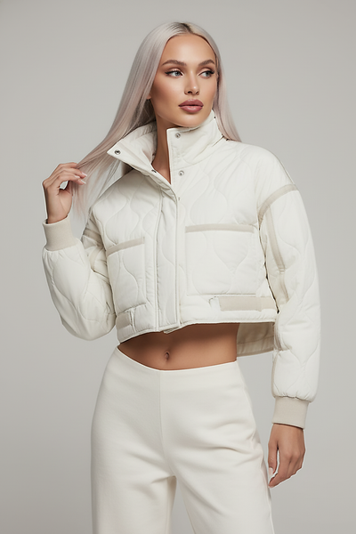 Stand-collar winter jacket, back view on model.