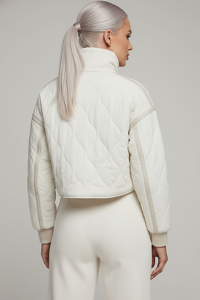 Stand-collar winter jacket, close-up of zipper and drawstring.